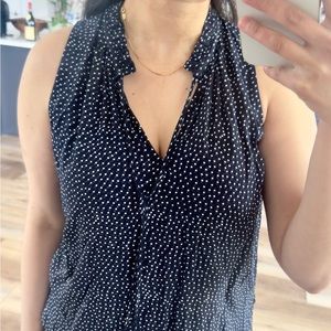 LOFT New With Tags: Navy Blue Dotted Ruffle Tie Neck Shell